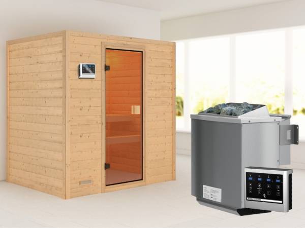 Karibu Woodfeeling Sauna Sonja - Classic Saunatür - 4,5 kW BIO-Ofen ext. Strg. - ohne Dachkranz