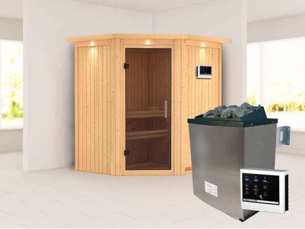Karibu Sauna Taurin- moderne Saunatür- 4,5 kW Ofen ext. Strg- mit Dachkranz