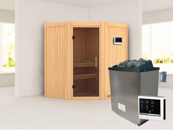 Karibu Sauna Taurin inkl. 9 kW Ofen ext. Steuerung, mit moderner Saunatür - ohne Dachkranz -