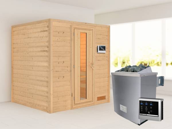 Karibu Woodfeeling Sauna Anja - energiesparende Saunatür - 4,5 kW Ofen ext. Strg. - ohne Dachkranz