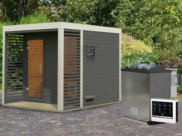 Karibu Hybrid Saunahaus Ares 2, terragrau/weiß -inkl. 9 kW Bioofen ext. Steuerung-