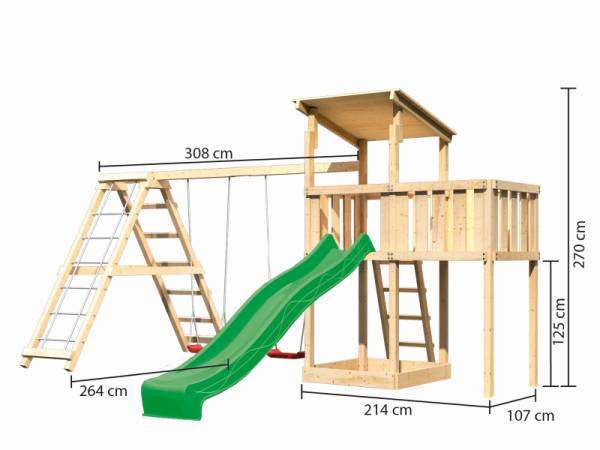 Akubi Spielturm Anna + Rutsche grün + Doppelschaukelanbau Klettergerüst + Anbauplattform