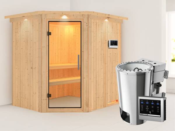 Lilja - Karibu Sauna Plug & Play 3,6 kW Bio Ofen, ext. Steuerung - mit Dachkranz - Klarglas Ganzglastür