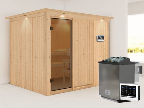 Karibu Sauna Gobin inkl. 9-kW-Bioofen mit externer Steuerung, mit Dachkranz, mit moderner Saunatür