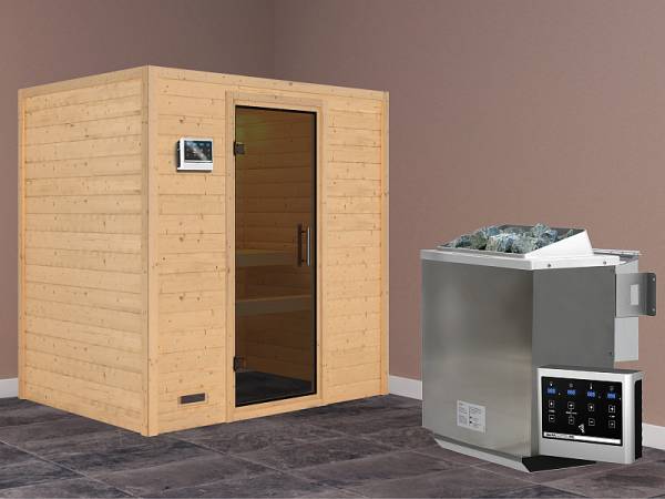 Karibu Woodfeeling Sauna Sonja - Moderne Saunatür - 4,5 kW BIO-Ofen ext. Strg. - ohne Dachkranz