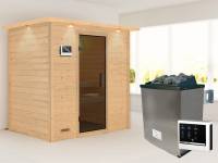 Karibu Sauna Sonja inkl. 9 kW Ofen ext. Steuerung mit moderner Saunatür -mit Dachkranz-