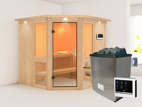 Amelia 2 - Karibu Sauna, inkl. 9 kW Ofen ext. Steuerung - mit Dachkranz - Amelia 2 - Karibu Sauna, inkl. 9 kW Ofen ext. Steuerung - mit Dachkranz -