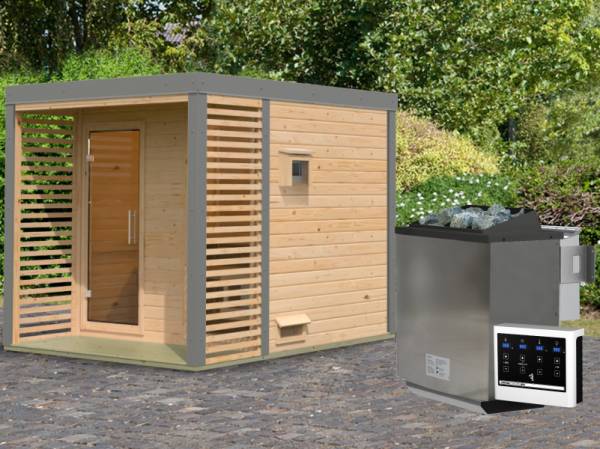 Karibu Hybrid Saunahaus Ares 2, naturbelassen/staubgrau -inkl. 9 kW Bioofen ext. Steuerung-