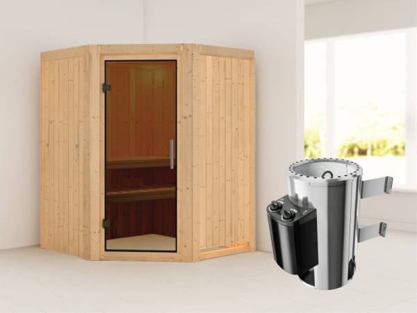 Nanja - Karibu Sauna Plug & Play 3,6 kW Ofen, int. Steuerung - ohne Dachkranz - moderne Saunatür