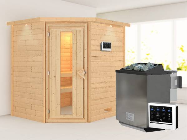 Karibu Sauna Mia- energiesparende Saunatür- 4,5 kW Bioofen ext. Strg- mit Dachkranz