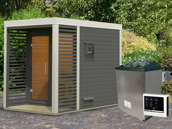 Karibu Hybrid Saunahaus Ares 1, terragrau/weiß -inkl. 9 kW Ofen ext. Steuerung-