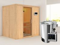 Fanja - Karibu Sauna Plug &amp; Play 3,6 kW Bio Ofen, ext. Steuerung - ohne Dachkranz - Klarglas Ganzglastür