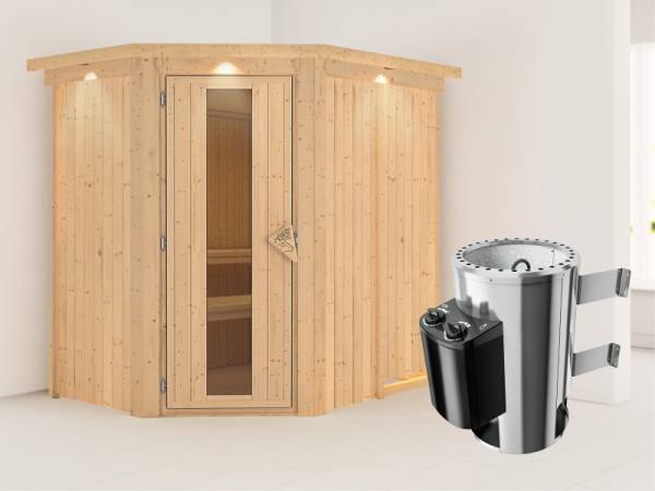 Saja - Karibu Sauna Plug & Play 3,6 kW Ofen, int. Steuerung - mit Dachkranz - Energiespartür