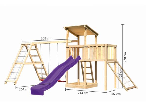 Akubi Spielturm Anna + Rutsche violett + Doppelschaukelanbau Klettergerüst + Anbauplattform + Netzrampe
