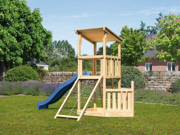 Akubi Spielturm Anna + Rutsche blau + Netzrampe + Schiffsanbau unten Akubi Spielturm Anna + Rutsche blau + Netzrampe + Schiffsanbau unten