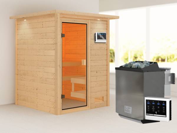Karibu Sauna Sandra mit 4,5 kW BIO-Ofen ext. Steuerung und Dachkranz 38 mm