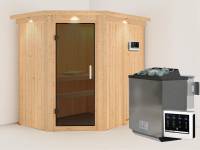 Karibu Sauna Carin inkl. 9 kW Bioofen ext. Steuerung mit moderner Saunatür - mit Dachkranz -