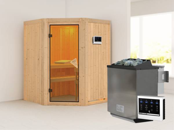 Karibu Sauna Larin- klassische Saunatür- 4,5 kW Bioofen ext. Strg- ohne Dachkranz