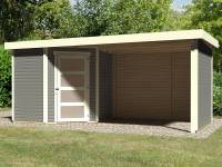 Karibu Woodfeeling Gartenhaus Schwandorf 3 terragrau mit Anbaudach 2,75 Meter, Seiten- und Rückwand
