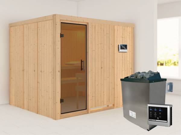 Karibu Sauna Gobin inkl. 9-kW-Ofen mit externer Steuerung, ohne Dachkranz, mit moderner Saunatür