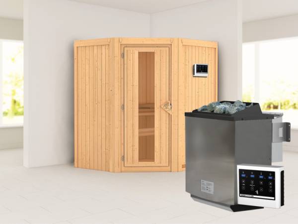 Karibu Sauna Taurin inkl. 9 kW Bioofen externe Steuerung, mit Energiespartür - ohne Dachkranz -