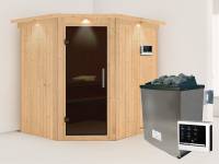 Karibu Sauna Siirin inkl. 9 kW Ofen ext. Steuerung mit moderner Saunatür -mit Dachkranz-