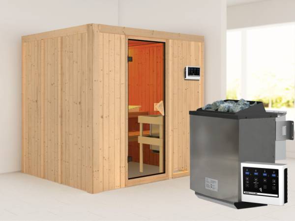 Karibu Sauna Sodin inkl. 9 kW Bioofen ext. Steuerung mit bronzierter Ganzglastür - ohne Dachkranz -