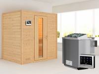 Karibu Woodfeeling Sauna Sonja - energiesparende Saunatür - 4,5 kW BIO-Ofen ext. Strg. - ohne Dachkranz