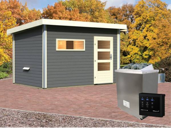 Karibu Aktionssaunahaus Erik 3 38 mm mit 9 kW Ofen ext. Strg. terragrau Karibu Aktionssaunahaus Erik 3 38 mm mit 9 kW Ofen ext. Strg. terragrau