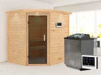 Karibu Sauna Mia inkl. 9 kW Bioofen ext. Steuerung, mit moderner Tür -mit Dachkranz-