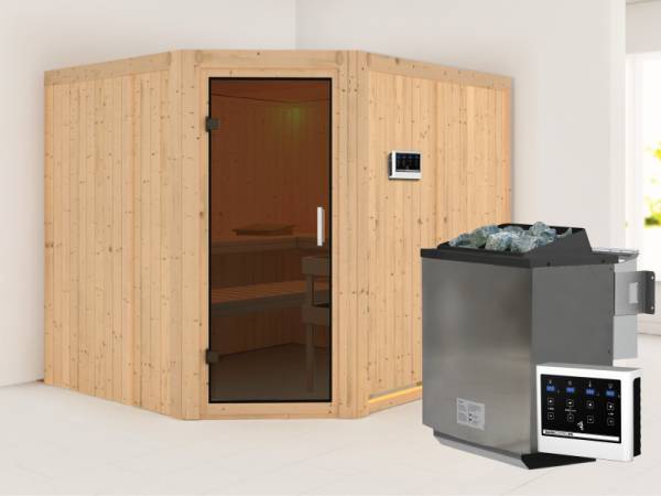 Karibu Sauna Malin inkl. 9-kW-Bioofen mit externer Steuerung, ohne Dachkranz, mit moderner Saunatür