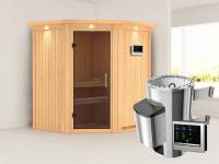Tonja - Karibu Sauna Plug & Play 3,6 kW Ofen, ext. Steuerung - mit Dachkranz - Moderne Saunatür