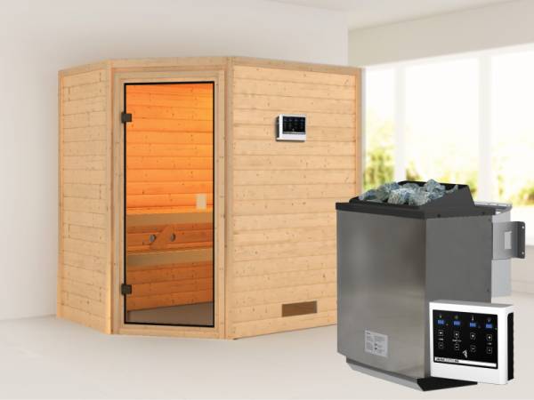 Karibu Sauna Svea - Classic Saunatür - 4,5 kW BIO-Ofen ext. Strg. - ohne Dachkranz