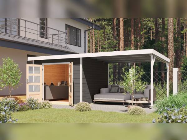 Karibu Hybrid Gartenhaus Pluto 6 B, terragrau/weiß inkl. 3 m Anbaudach