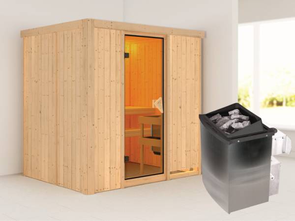 Karibu Sauna Bodin inkl. 9 kW Ofen integr. Steuerung, mit bronzierter Saunatür -ohne Dachkranz-