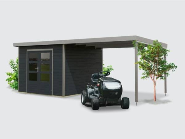 Osb smart choice Hybrid Gartenhaus Woodtallic C, anthrazit/staubgrau im Set mit Fußboden, inkl. 3 m Anbaudach