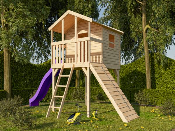 Akubi Stelzenhaus Benjamin naturbelassen + Rutsche violett + Holzrampe Akubi Stelzenhaus Benjamin naturbelassen + Rutsche violett + Holzrampe