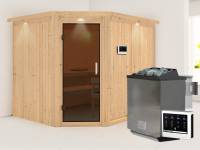 Karibu Sauna Malin inkl. 9-kW-Bioofen mit externer Steuerung, mit Dachkranz, mit moderner Saunatür