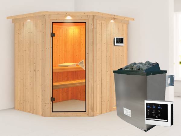 Karibu Sauna Siirin 68 mm- klassische Saunatür- 4,5 kW Ofen ext. Strg- mit Dachkranz