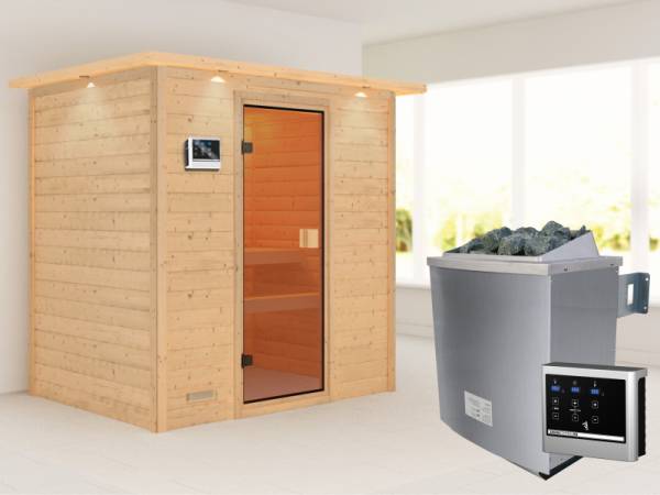Karibu Woodfeeling Sauna Sonja - Classic Saunatür - 4,5 kW Ofen ext. Strg. - mit Dachkranz