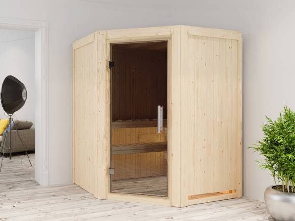 Karibu Sauna Larin inkl. 9 kW Ofen integrierte Steuerung mit moderner Saunatür - ohne Dachkranz -