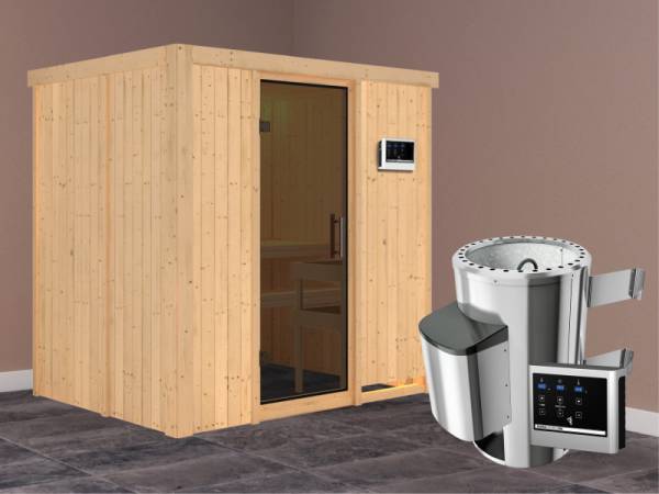 Fanja - Karibu Sauna Plug &amp; Play 3,6 kW Ofen, ext. Steuerung - ohne Dachkranz - Moderne Saunatür
