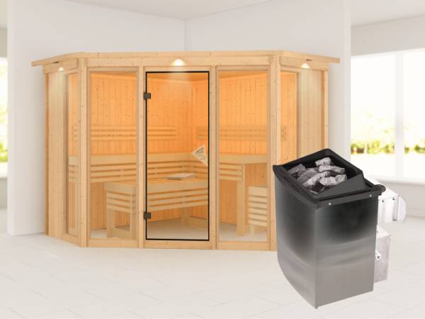 Karibu Sauna Alcinda mit Dachkranz- 9 kW Ofen Integr. Strg 68 mm