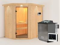 Karibu Sauna Carin- Klarglas Saunatür- 4,5 kW Bioofen ext. Strg- mit Dachkranz