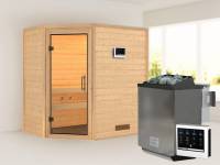 Karibu Sauna Svea inkl. 9 kW Bioofen ext. Steuerung, mit klarglas Saunatür -ohne Dachkranz-