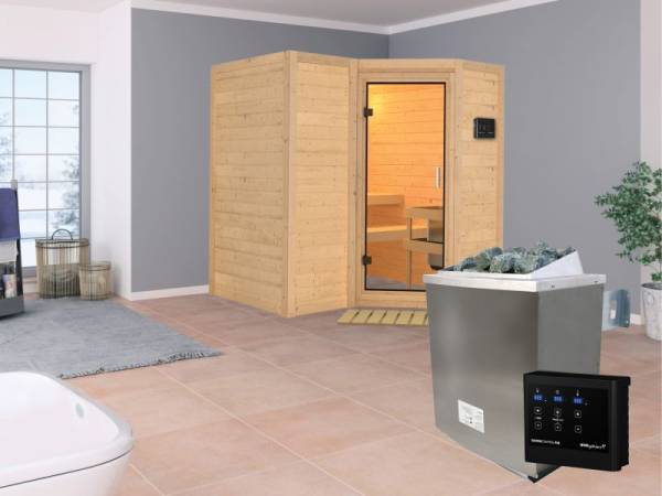 Karibu Aktionssauna Edda 1 mit 9 kW Ofen ext. Strg. ohne Dachkranz Karibu Aktionssauna Edda 1 mit 9 kW Ofen ext. Strg. ohne Dachkranz