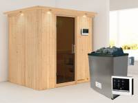Karibu Sauna Bodin- moderne Saunatür- 4,5 kW Ofen ext. Strg- mit Dachkranz