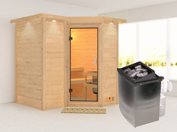 Karibu Sauna Sahib 1 inkl. 9 kW Ofen mit integr. Steuerung, mit Klarglas-Ganzglastür -mit Dachkranz-