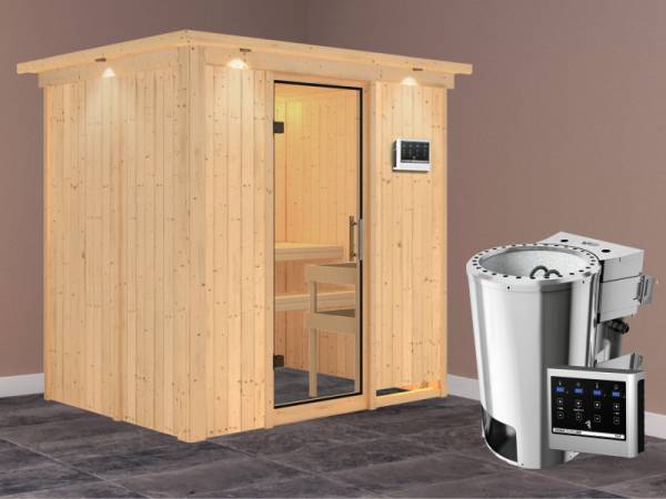 Fanja - Karibu Sauna Plug &amp; Play 3,6 kW Bio Ofen, ext. Steuerung - mit Dachkranz - Klarglas Ganzglastür