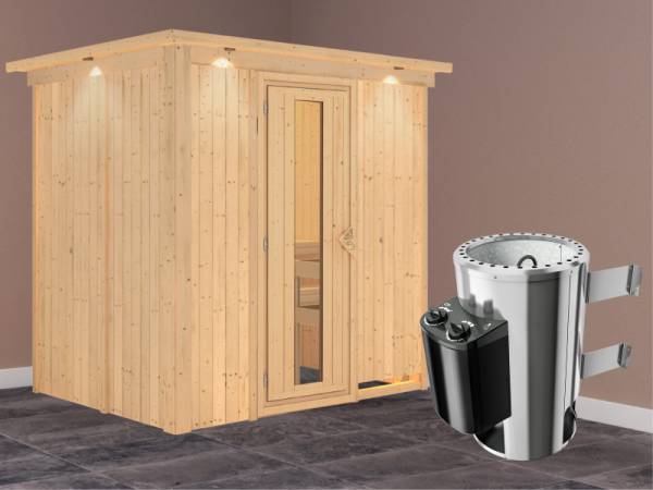 Fanja - Karibu Sauna Plug &amp; Play 3,6 kW Ofen, int. Steuerung - mit Dachkranz - Energiespartür